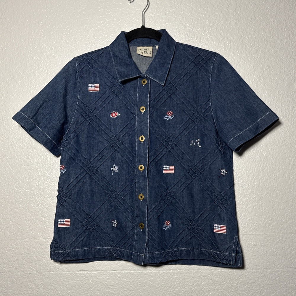 Vintage‎ Western Embroidered Denim Button Down Shirt S Petite Koret City Blues